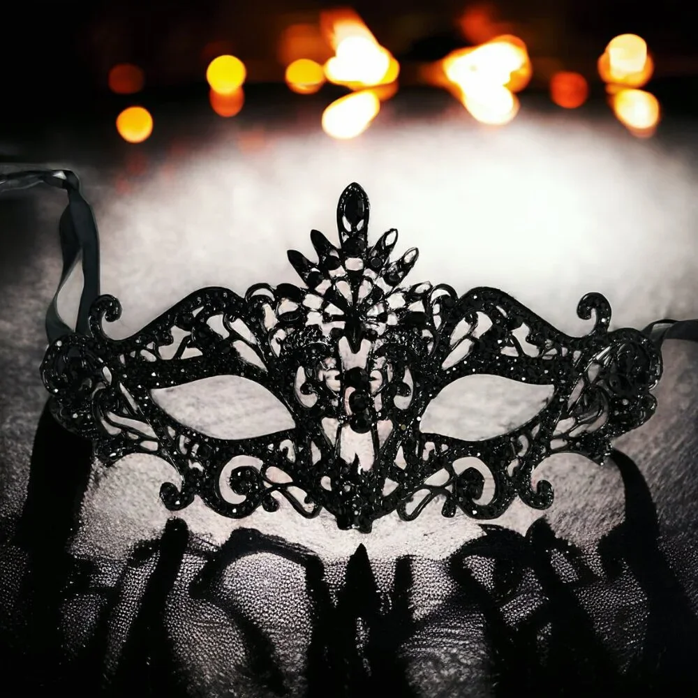 Men's Masquerade Mask, Black Crystal Mask, Gothic Halloween Mask, Party Mask